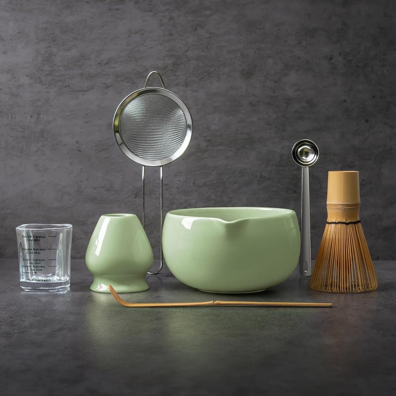 YIBO Matcha Whisk Set, Matcha Kit Bamboo Whisk and Ceramic Bowl with Spout & Measuring Spoon & Cup, Japanese Ceremony Matcha Tea Making Tools Green - Image 1